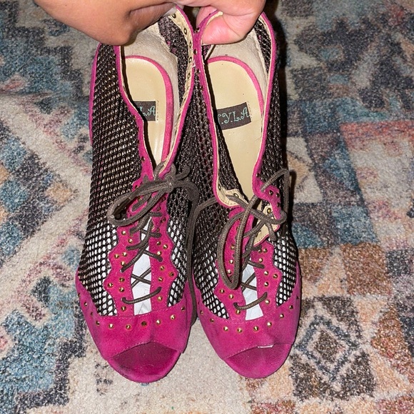 High platform heels hot pink and brown fishnet with gold studs peep toe tie up - Picture 3 of 5